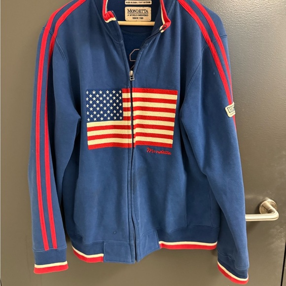 Men’s vintage Y2K rare L GUC some drains Mondetta Blue zip up with American Flag - Picture 2 of 13